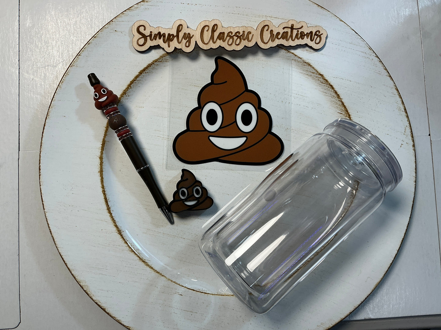16 oz Acrylic Tumblers with Pen & Keychain Set - Poop Emoji