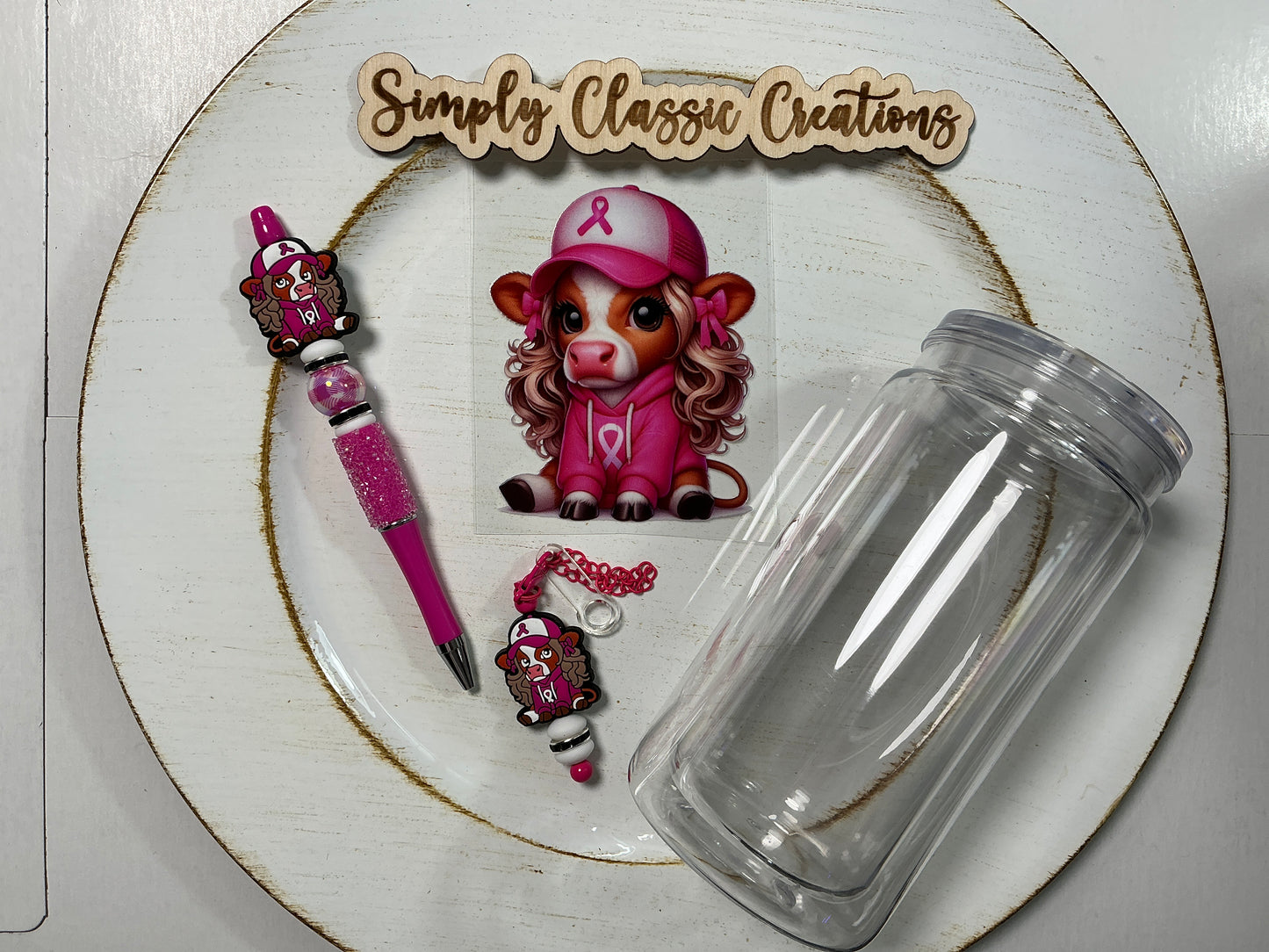 16 oz Acrylic Tumblers with Pen & Keychain Set - Heifer (pink cancer)