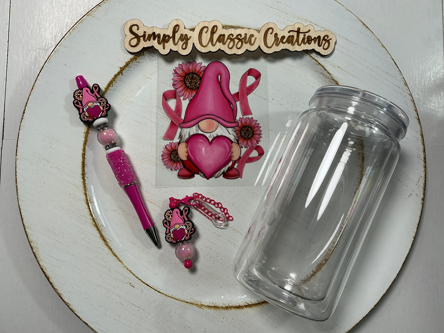 16 oz Acrylic Tumblers with Pen & Keychain Set – Gnome (pink cancer)