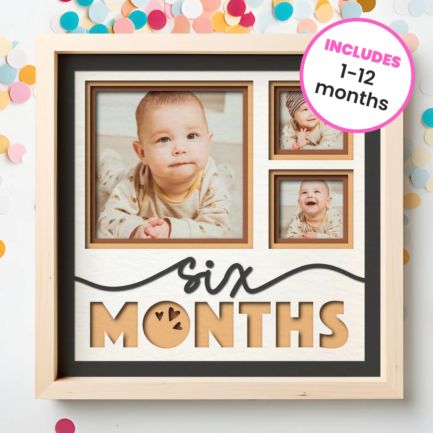 Baby Monthly Milestone (Month 7 - 12) Picture Frame Layered 8x8 Shadow Box