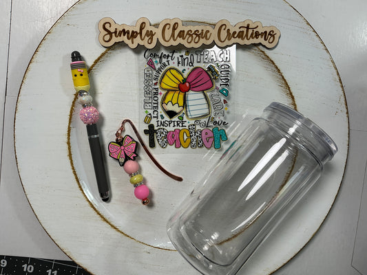 16 oz Acrylic Tumblers with Pen & Keychain Set - Teacher (words)