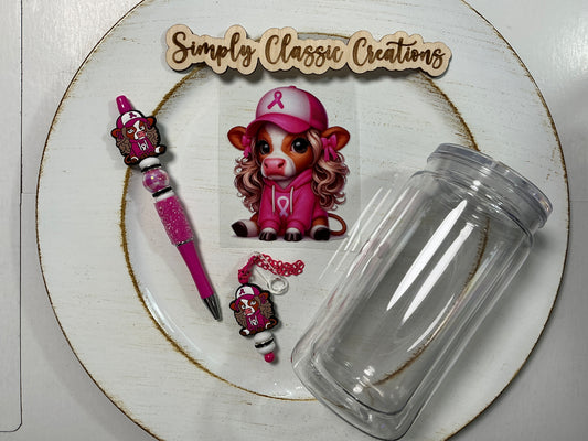 16 oz Acrylic Tumblers with Pen & Keychain Set - Heifer (pink cancer)