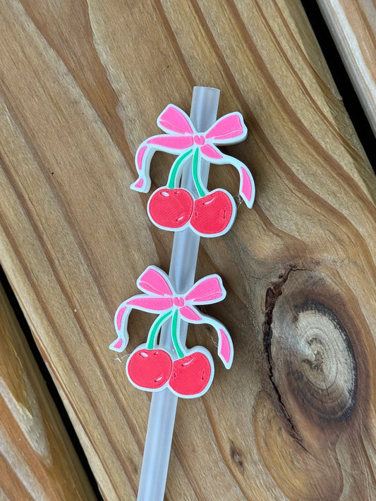 Cherries w/ Pink Bow - 3D Straw Topper