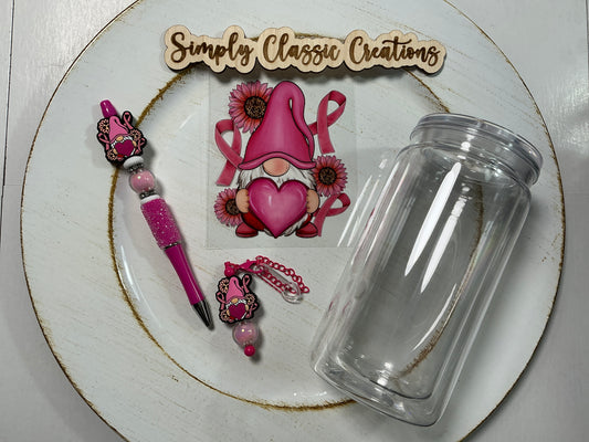 16 oz Acrylic Tumblers with Pen & Keychain Set – Gnome (pink cancer)